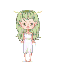pixel art of some kind of nymph or forest spirit, peachy skin, pointed ears, hawk eyes (yellow iris in black eyes), pale mossy green hair with bangs, small antlers, wearing a white one-shoulder toga, some odd liquid dripping from her open hands